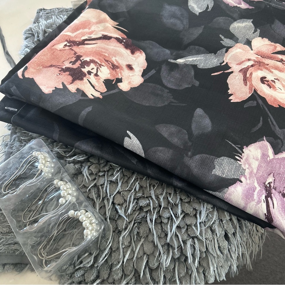 Bathroom Set Black Floral Shower Curtain 12 Pearl Shower Hooks & Fluffy Gray Rug